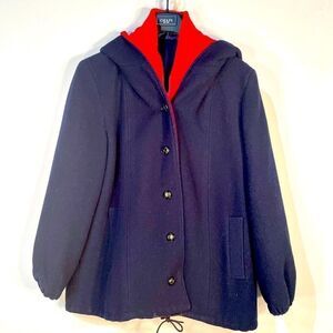 VINTAGE NAVY BLUE WITH RED CAR COAT BY INTERNATIONAL SCENE SIZE 15/16